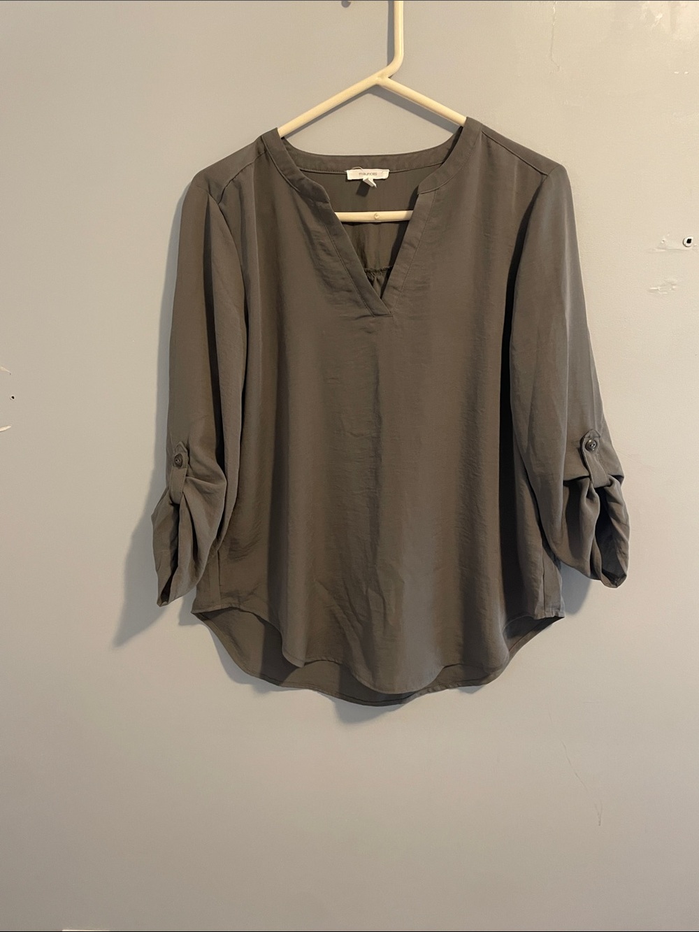 Maurices Olive Gray Split-Neck Roll-Sleeve Blouse